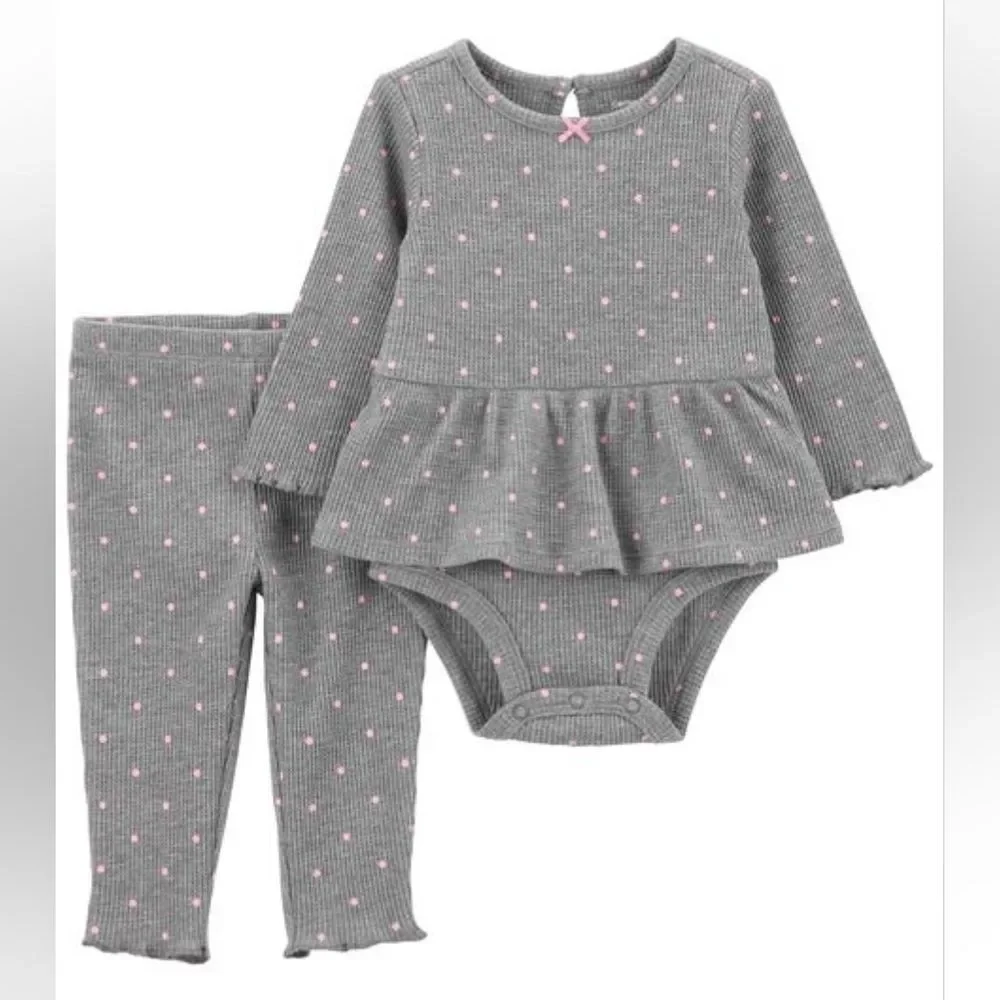 Carter's size 3 months Baby girl 2-Piece Polka Dot gray pink Bodysuit Pant Set